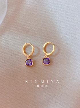 紫色水滴方形吊坠耳环女耳扣小众设计高级感耳圈2026新款气质耳饰