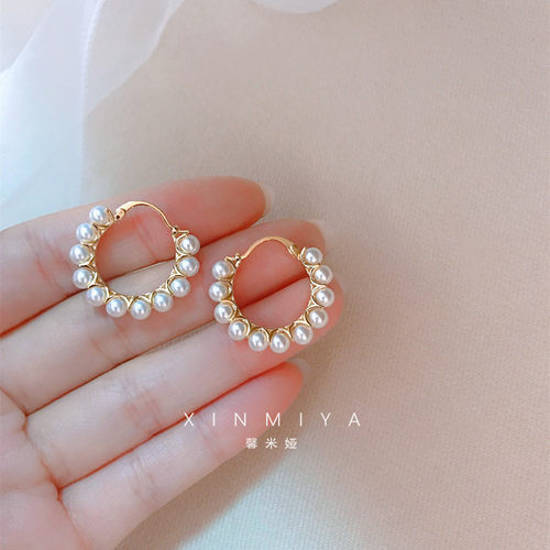 馨米娅18K包金色小珍珠轻奢耳圈