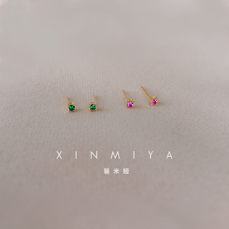 超迷你隐形四爪耳钉k金祖母绿水钻锆石耳骨钉简约925男女新款耳饰