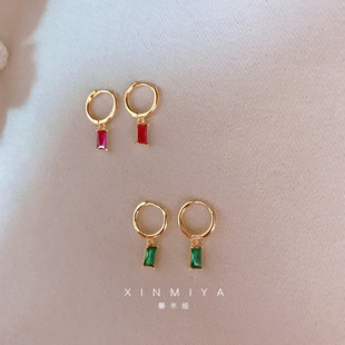 韩国网红精致耳圈Alex同款 长方形锆石小吊坠耳环简约百搭男女耳扣