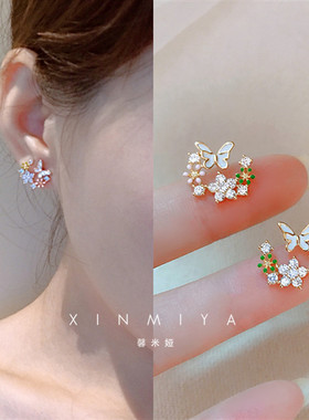馨米娅纯银镀金日韩花朵蝴蝶耳钉