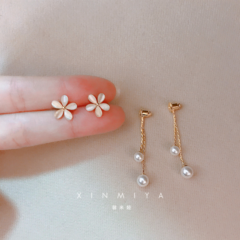 馨米娅银流苏耳环猫眼石花朵耳钉