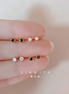 2026新款黑色方形迷你锆石耳钉纯银养耳洞睡觉不用摘小巧气质耳饰