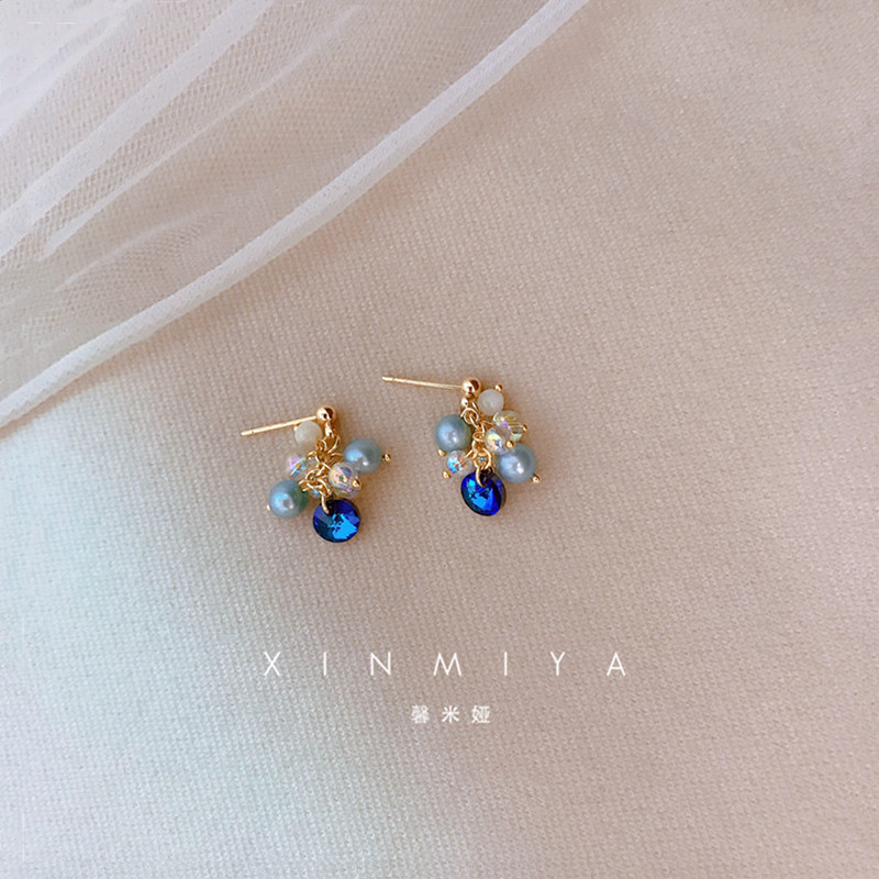 馨米娅梦幻蓝色水晶吊坠耳钉女纯银针气质小众设计感耳环2026新款