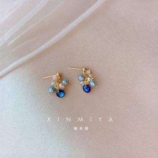 馨米娅梦幻蓝色水晶吊坠耳钉女纯银针气质小众设计感耳环2026新款