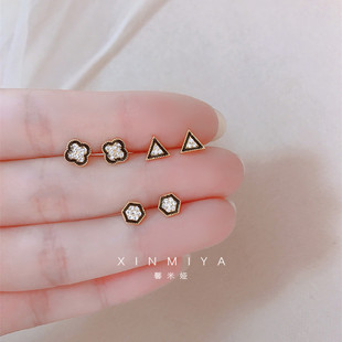 甜酷黑色滴釉镶钻锆石几何耳钉女纯银针耳饰2026新款 洋气耳环 爆款