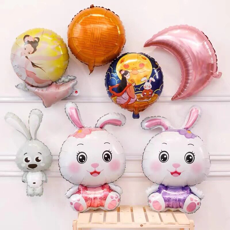 新款中秋节月饼气球嫦娥月饼兔子月亮4d中秋节气球场景布置气球