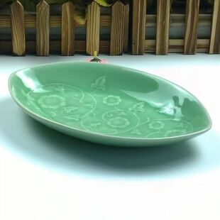龙泉青瓷盘子陶瓷菜盘深汤盘9英寸蒸鱼盘创意餐具鱼盘