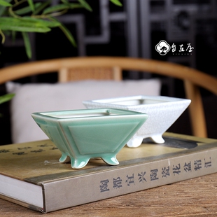『奎面小四方斗盆』陶瓷小花盆白色青瓷釉开片裂纹复古素雅