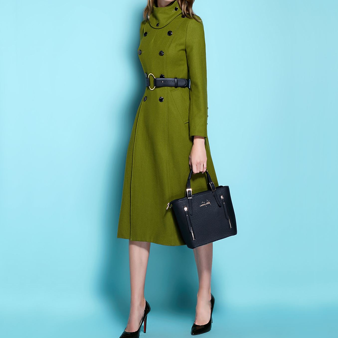 赫本款冬外套立领双排风衣深蓝色