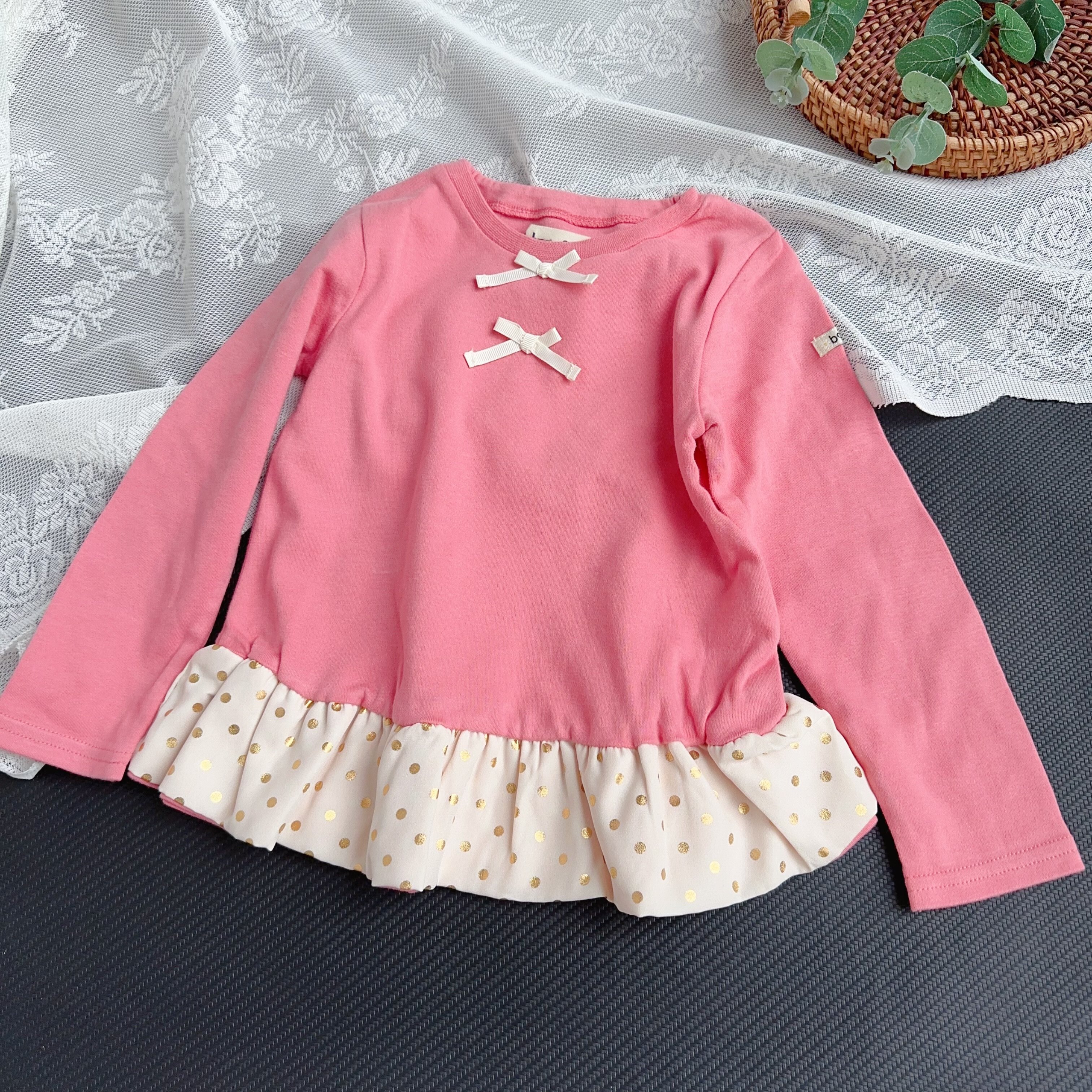 95-100码 日单女宝宝纯棉甜美裙式上衣 可爱荷叶边长袖T恤