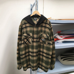 外贸春秋男装休闲衬衫男款连帽格子长袖开衫外套有加大码