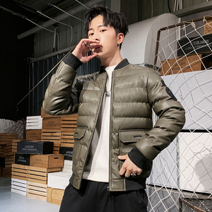 冬季男士棉衣短款外套修身羽绒棉服棒球领加厚PU皮棉衣826-P75图片