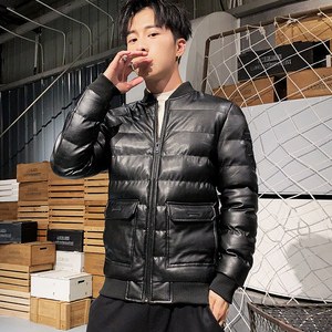 冬季男士棉衣短款外套修身羽绒棉服棒球领加厚PU皮棉衣826-P75,办公室男士搭配图片