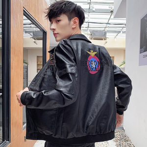 春秋皮衣男士青年潮流机车修身韩版帅气外套刺绣PU皮夹克851-P80图片