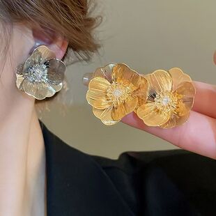 简约气质高级耳环女 时尚 复古金属感花朵S925银针耳钉2024新款 爆款