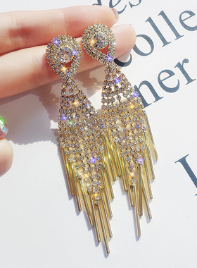 s925银针爪链满钻耳环闪亮夸张流苏耳环耳坠欧美长款瘦脸2019款春