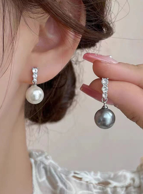 高级灰色珍珠耳钉女锆石长款耳坠法式气质耳环潮2024年新款潮耳饰