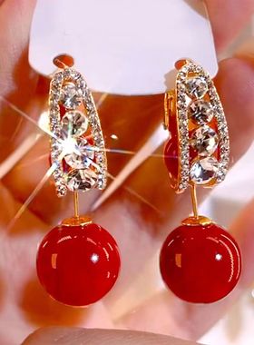 2024耳针轻奢法式锆石红色珠珠耳环耳扣时尚一款多戴耳坠气质耳饰