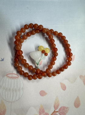 6mmA货红玛瑙手链樱桃红双圈手串配白玉蓬蓬原创本命年新年礼物