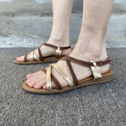 2025夏季拼色女平底凉鞋网红时尚