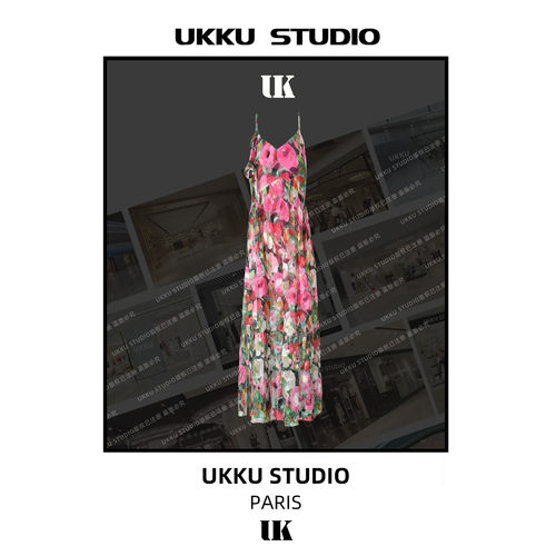 90【UKKU STUDIO】夏季碎花气质收腰玫瑰花色吊带连衣裙913999