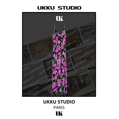 【UKKU STUDIO】法式黑底紫花吊带长裙 度假风碎花连衣裙813831