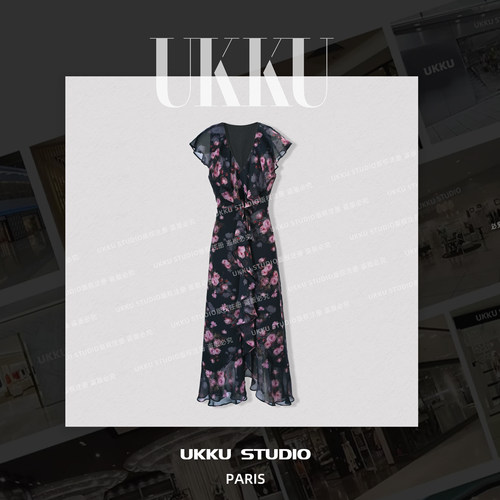 【UKKU STUDIO】法式黑玫瑰雪纺碎花 V 领收腰鱼尾连衣裙915953