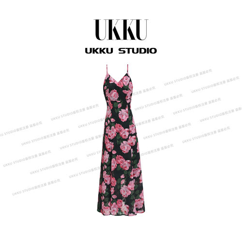 泽【UKKU STUDIO】【 牡丹花】夏季时尚显瘦玫瑰挂脖连衣裙914350
