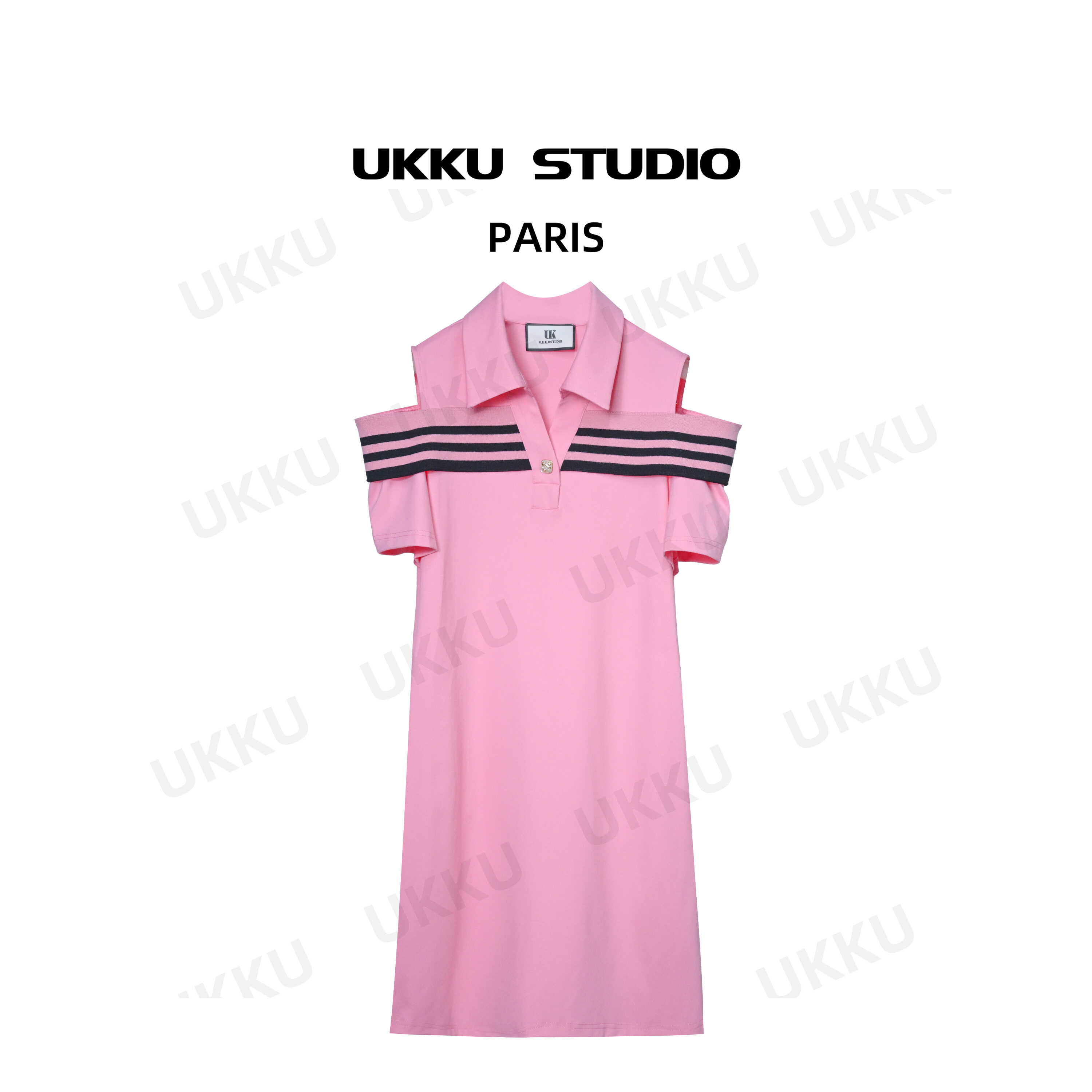 【UKKU STUDIO】女神范名媛夏季Polo領(lǐng)針織露肩時(shí)尚設(shè)計(jì)裙312175
