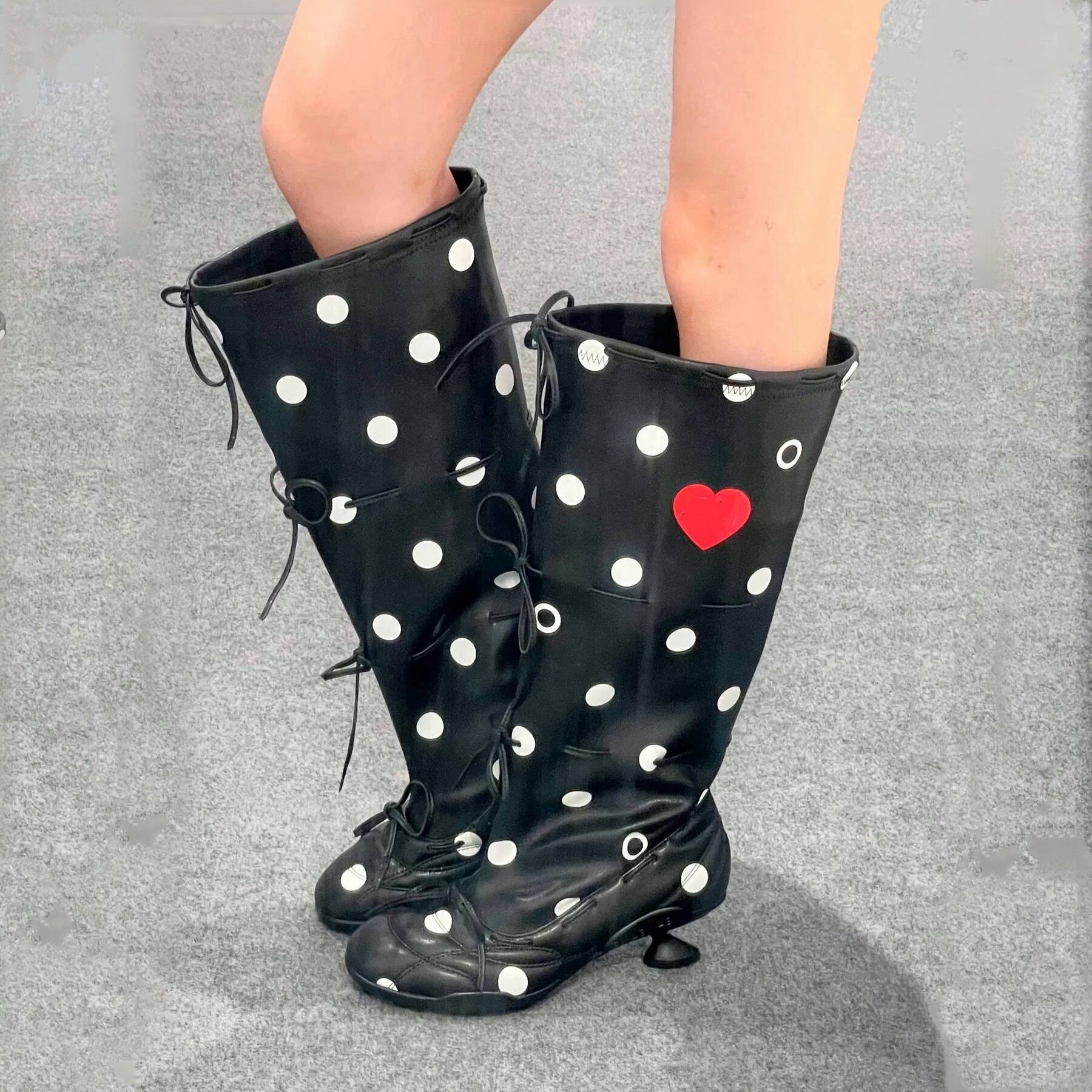 小高跟波点蝴蝶结绑带芭蕾长靴女