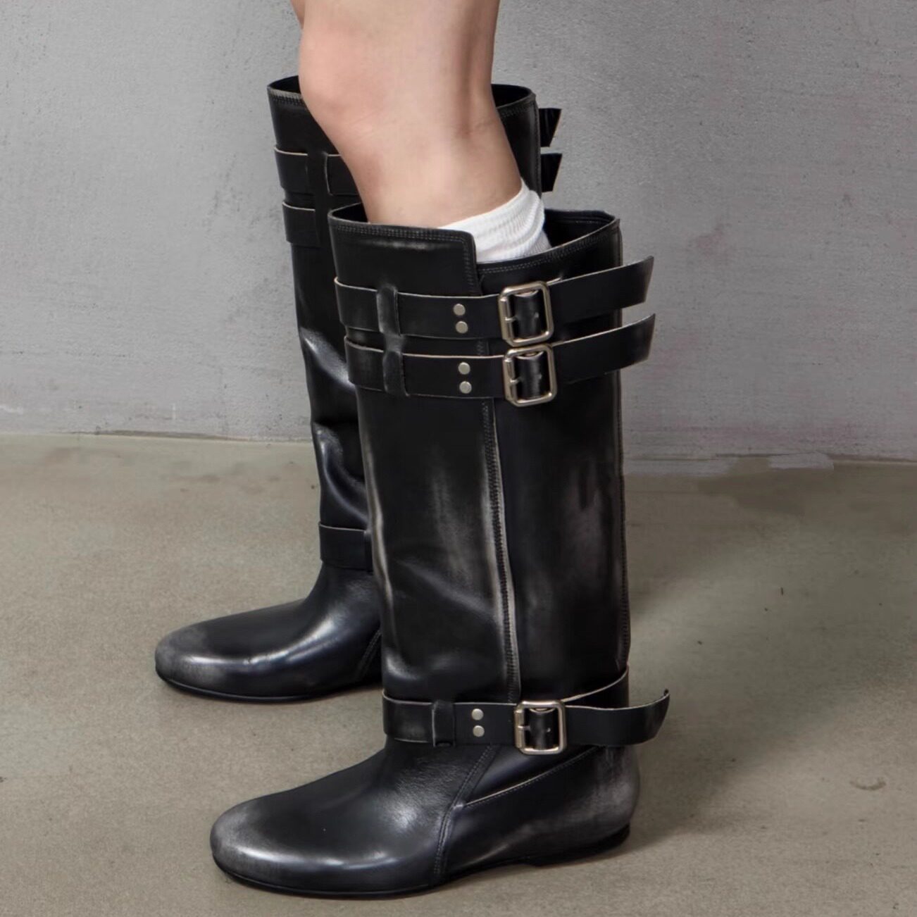 内增高复古擦色圆头高筒骑士靴