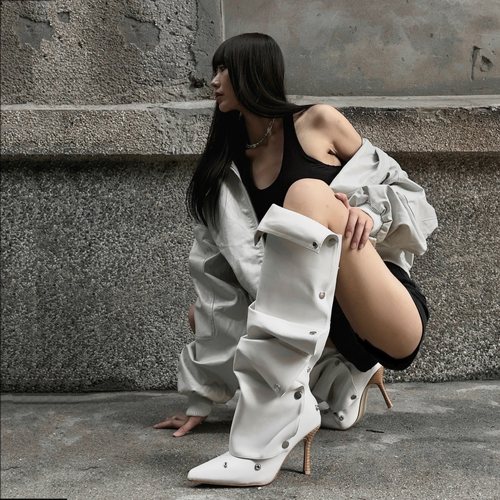 拼接两穿细跟堆堆靴细跟长筒靴女