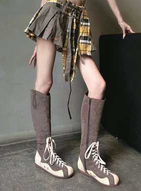 小众设计拼色平底运动高筒靴女