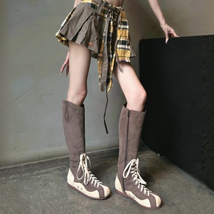 小众设计运动高筒靴女2025秋冬新款拼色平底长筒靴复古绑带骑士靴