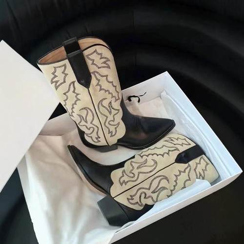 易梦玲同款西部牛仔靴刺绣中筒靴