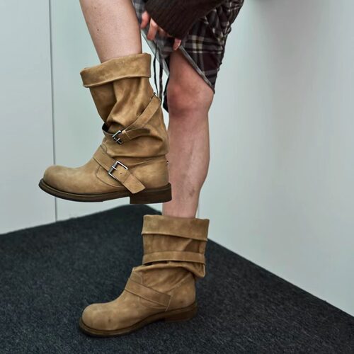 张元英同款皮带扣复古做旧堆堆靴