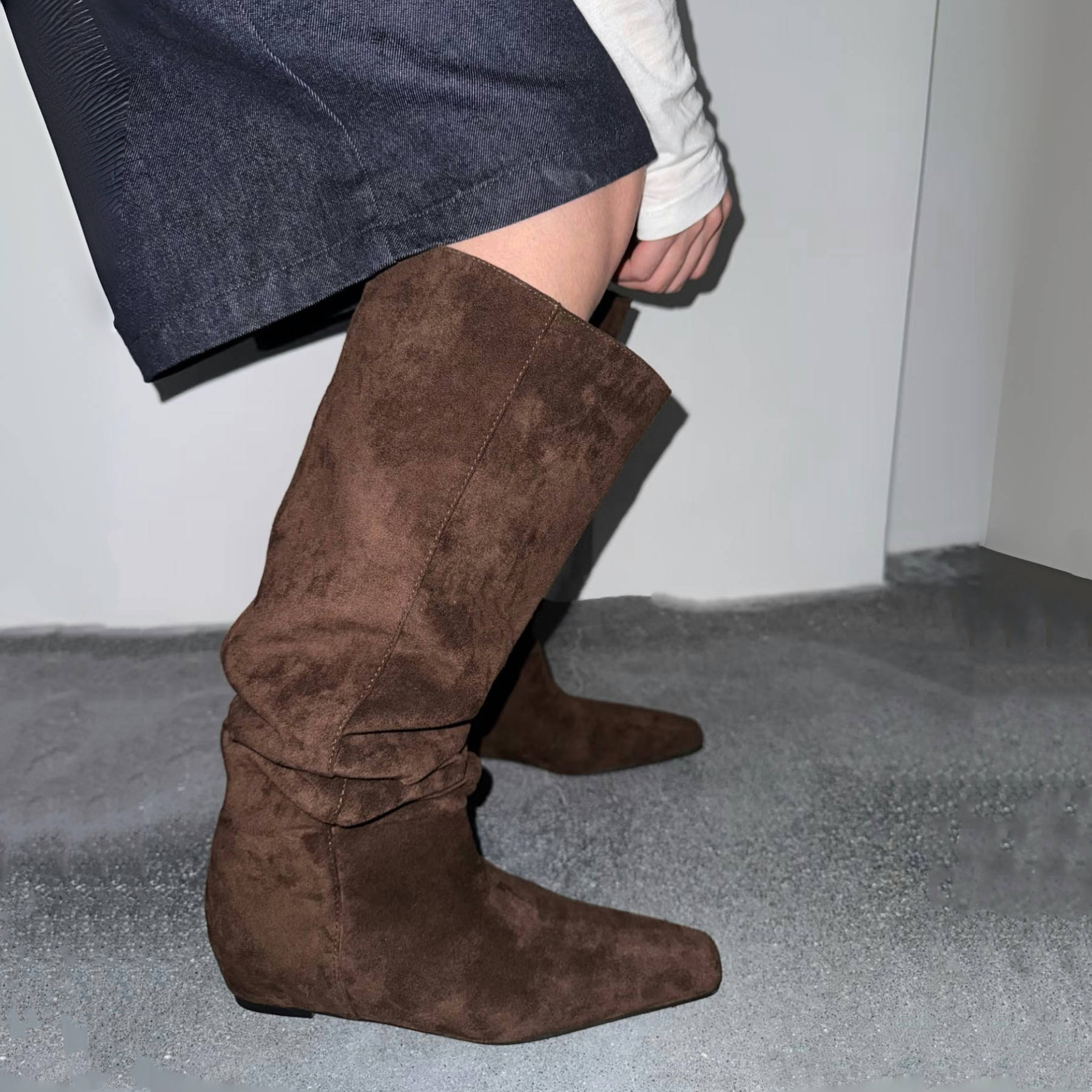 内增高方头褶皱堆堆靴显瘦长筒靴