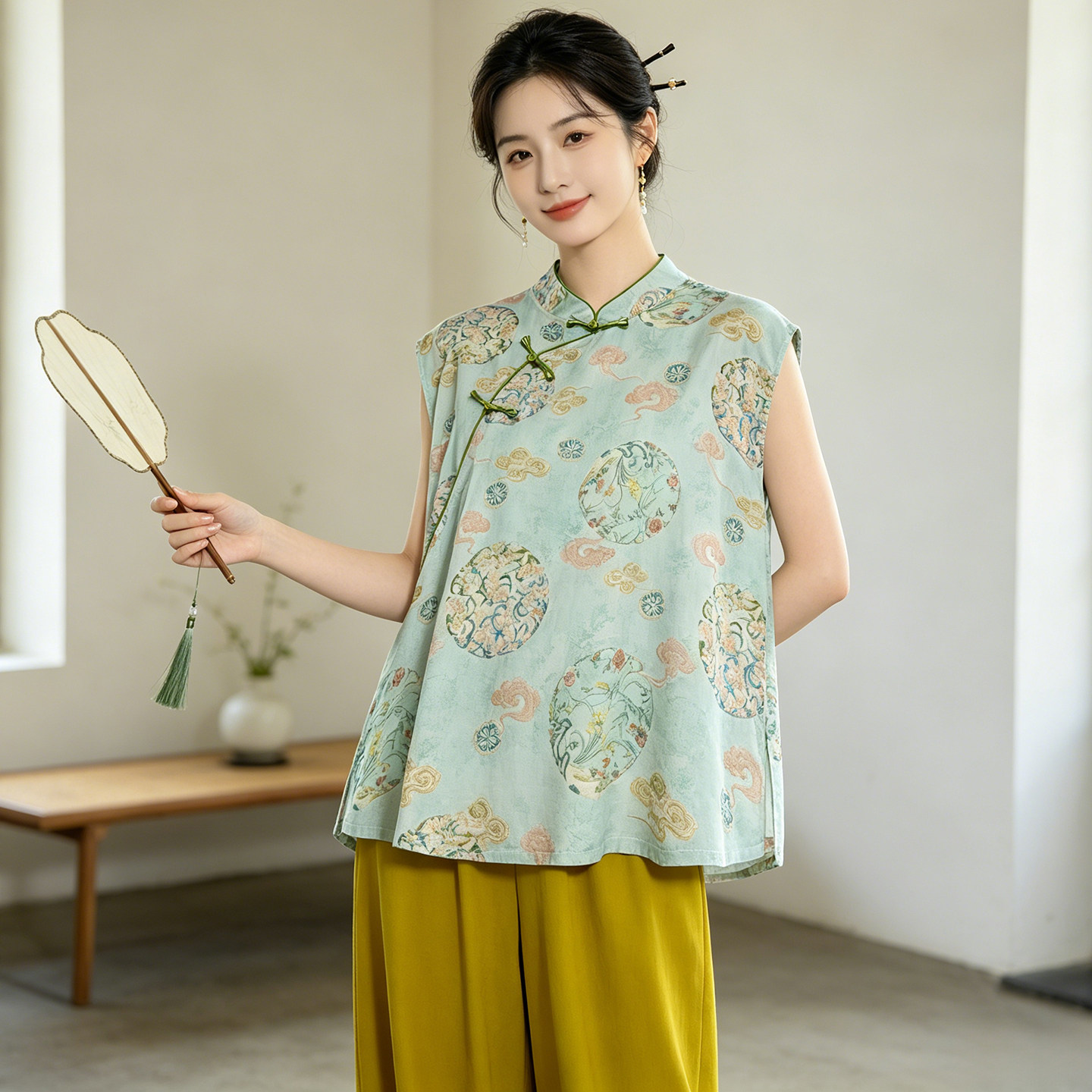 女士夏季新中式上衣无袖国风衬衫新款大码宽松妈妈棉绸小衫外穿薄