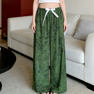 【棉绸绿野】春夏季家居裤女薄款人造棉睡裤可外穿大码阔腿裤Y160