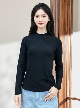 新款莫代尔圆领黑色内搭女修身大码春季长袖打底衫可外穿T恤Y119