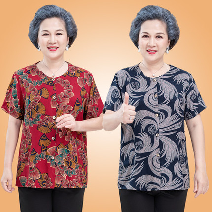 妈妈绵绸衬衣女夏季开衫女士外穿上衣薄款中老年人造绵绸短袖t恤