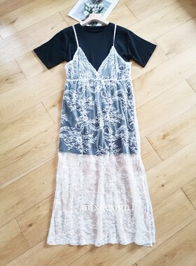 特惠 蕾丝吊带连衣裙T恤裙两件套 原单复古唯美休闲黑白长裙 Y20