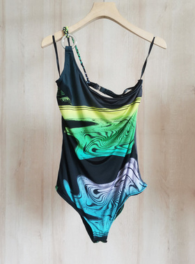 欧美高街潮牌原单抽象印花露肩斜肩吊带背心连体衣复古时尚夏季新