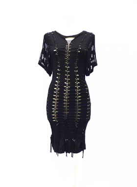 欧美高阶个性设计师潮牌原单手工编制弹力针织修身包臀镂空连衣裙