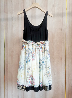 出英国原单时尚复古代针织雪纺印花背心连衣裙无袖套头花色夏季新