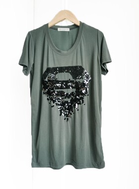 特 2024春夏新款出口韩国原单时尚百搭重工亮片圆领短袖T恤 D36