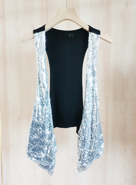 欧美高街潮牌原单设计感银色闪闪bling亮片针织背心马甲复古尾单