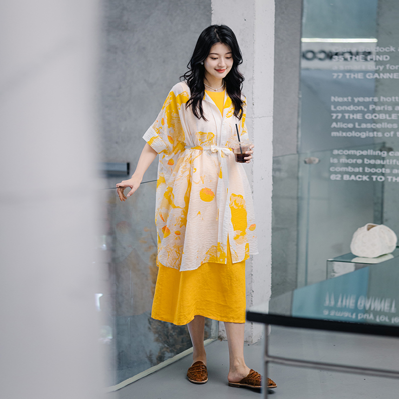绽放427朵/印花棉麻防晒衣外套女夏季中长款亚麻披肩外搭开衫