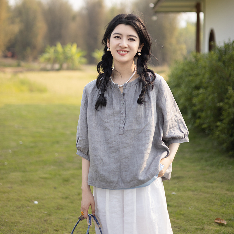 绽放176朵/宽松文艺色织亚麻中袖T恤半开门襟圆领棉麻衬衫女夏季